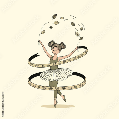 Dancing Ballerina Twirling Ribbon and Leaves Artistic Illustration on Beige