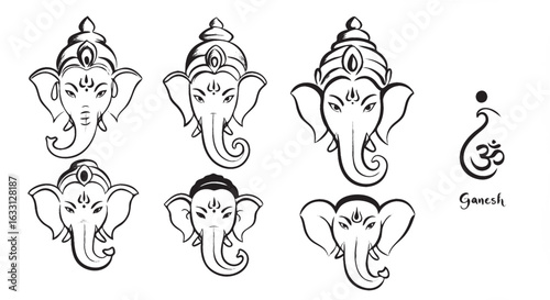 Icon sheet featuring multiple logo variations of Lord Ganesha’s face, inspired by Hindu Indian tradition.