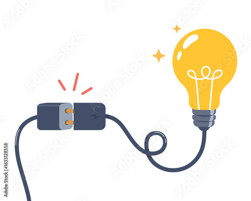 Vector illustration of Electrical creative light bulb with power cable, Plug or unplug a cord equipment concept.