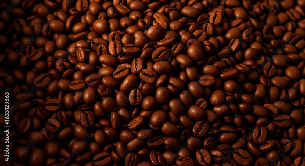 Fototapeta premium A dense pile of roasted coffee beans filling the frame with a warm brown color and rich texture details