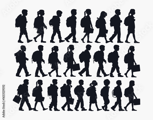 School Kids Holding Books and Bags Silhouette Collection Vector Template Illustration