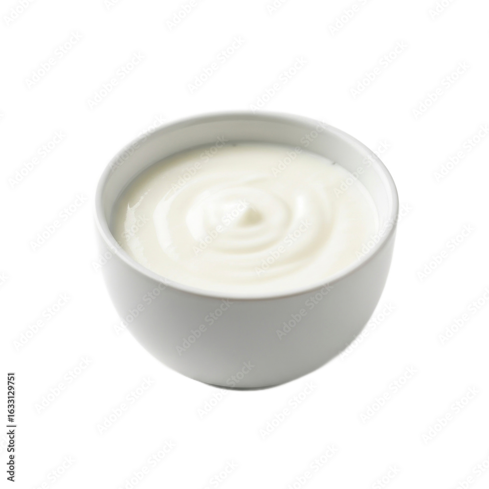 A white ceramic bowl filled with creamy plain yogurt or sour cream, isolated on a white background. A white ceramic bowl filled with creamy plain yogurt or sour cream, isolated on a white background.