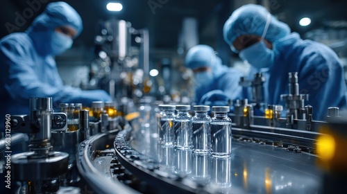 Sterile vaccine vials move along a conveyor belt in a pharmaceutical factory. This image shows medicine production and the importance of health technology.