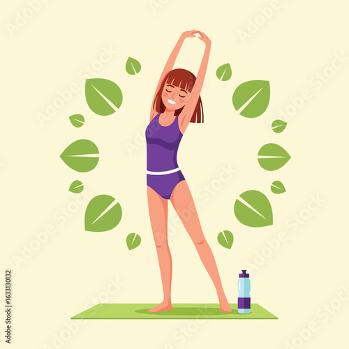 Woman Stretching Arms Overhead on Yoga Mat with Green Leaves