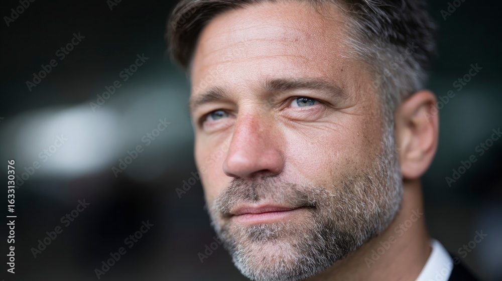 Obraz premium Close up of a middle aged man with graying hair and beard blue eyes and a thoughtful expression