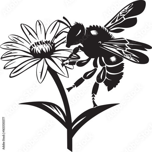 A bee and a flower on a white background.
