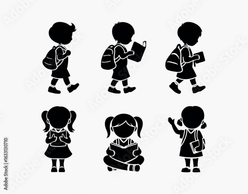 Silhouette EPS Vector of School Going Kids with Books and Backpacks Isolated Design