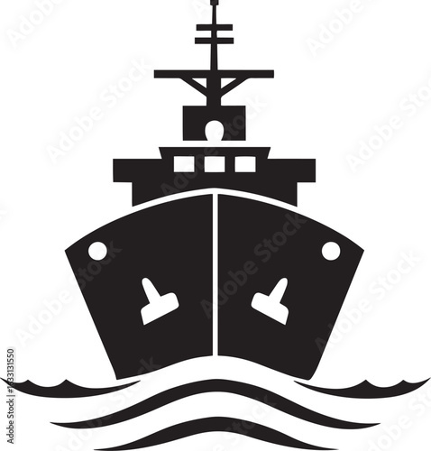 A black and white illustration of a military ship on the water.