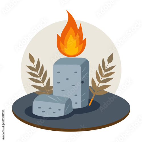 Cracked Stone Tablets with Flame and Leaves – Symbolic Vector for Jewish Fast Day