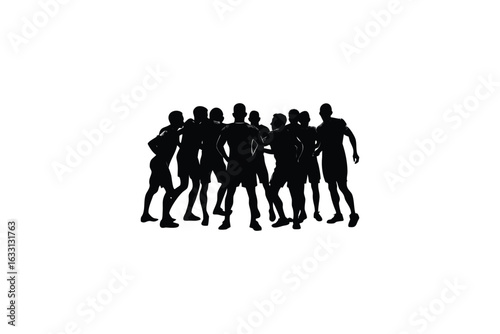 A diverse group of athletes in a huddle showcasing teamwork and unity in a striking black silhouette against a clean white background embodying sportsmanship and collaboration silhouette