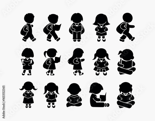 Silhouette Vector Template of Children Holding Books and Wearing School Backpacks