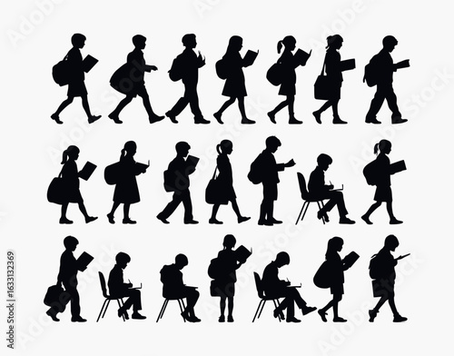 Silhouette Vector Template Illustration of Students Carrying Books and School Supplies