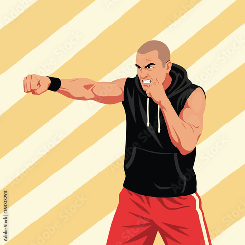 Man Punching Forward with Intense Focus Training and Fitness Concept