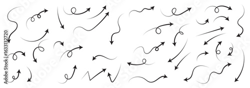 Squiggly red arrow set. Chalk elements in flat style. Doodle movement spiral arrows, scribble, lines. Hand drawn pencil brush for icon, children sketch. Vector illustration on white background