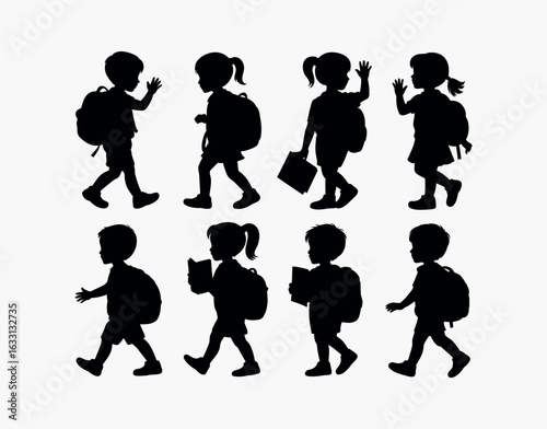 Students Heading to School with Bags and Books Silhouette EPS Vector Template