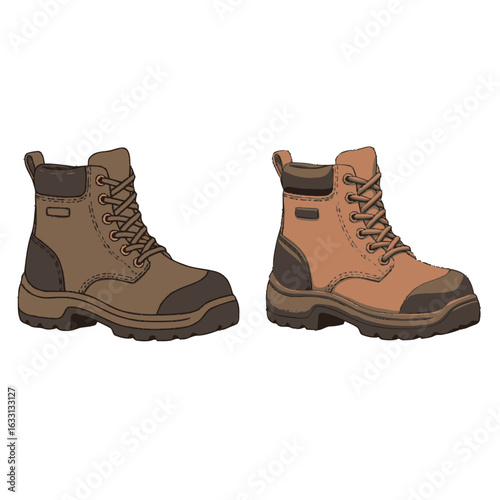 Two illustrated, rugged work or hiking boots shown in different brown color variations.