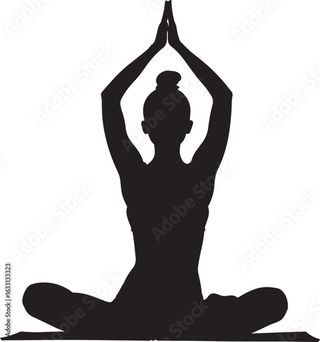 A black and white silhouette of a person in a yoga pose against a white background.