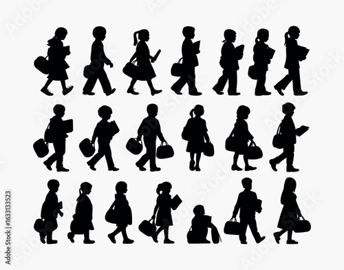 Vector Silhouette EPS Template of Children Holding Books in School Uniforms