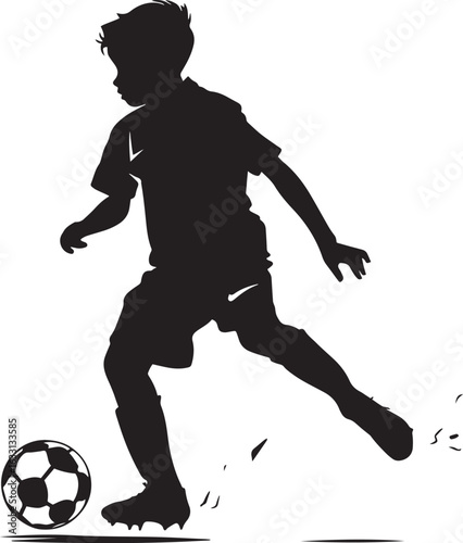 A black and white silhouette of a boy playing soccer against a white background.