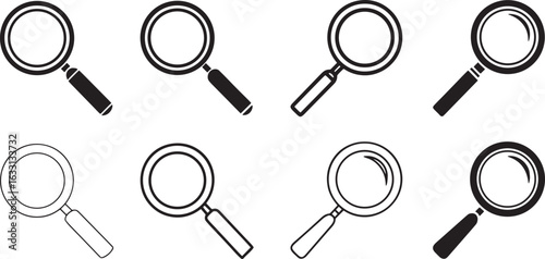 Set of black and white magnifying glass icons for search and discovery concepts