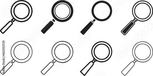 Set of minimalist magnifying glass icons for search and investigation concepts