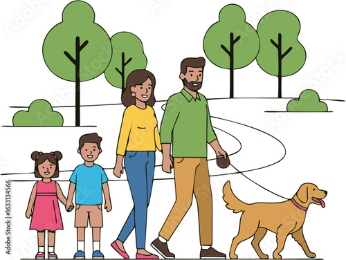 A young family, including a mother, father, son, and daughter, enjoys a leisurely walk with their pet dog in a green park