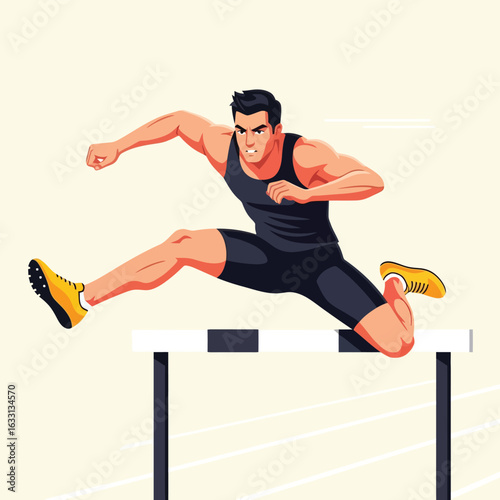 Athlete Jumping Over Hurdle with Determined Look During Track Event