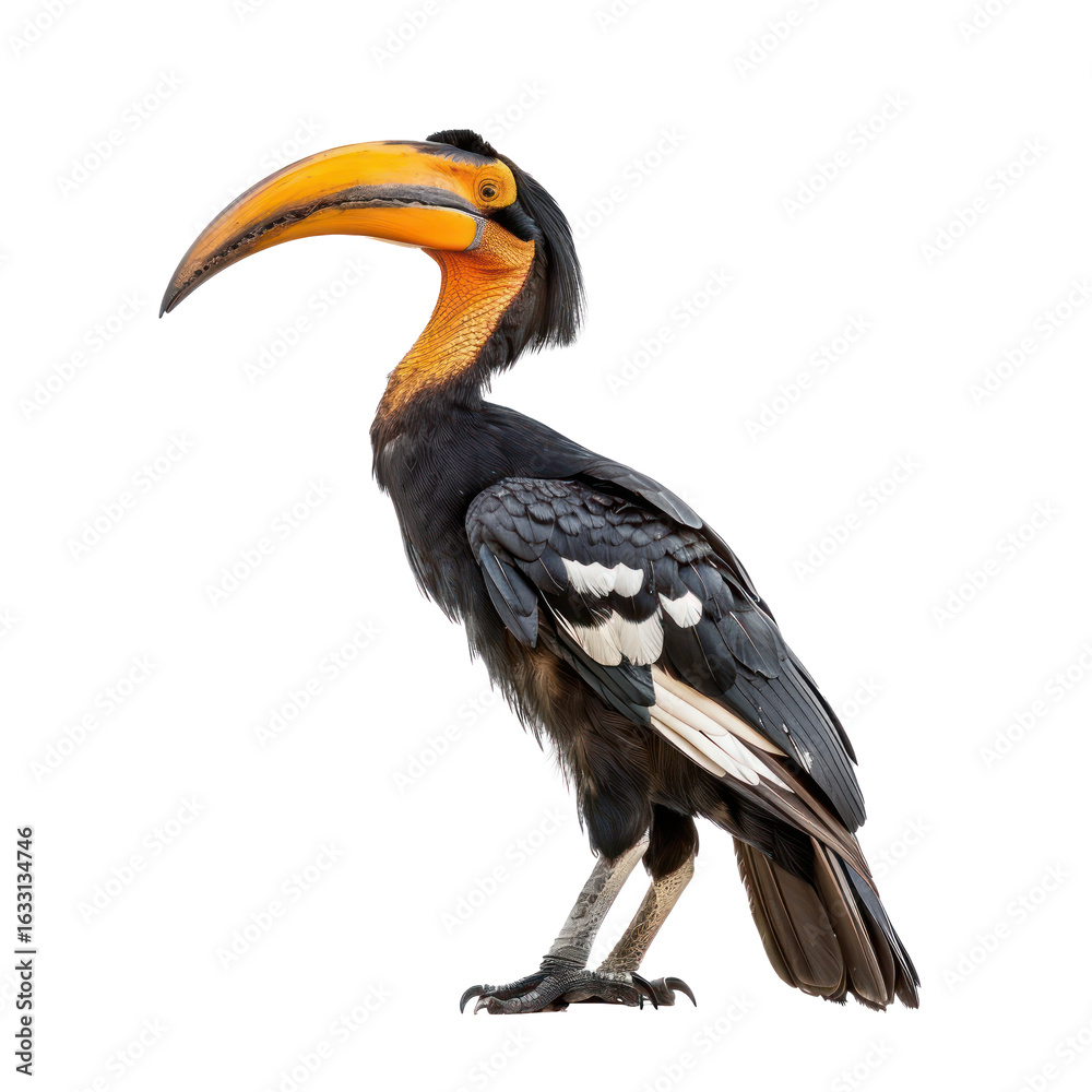 Obraz premium A hornbill bird with a long, curved beak and black and orange feathers, standing against a transparent background.