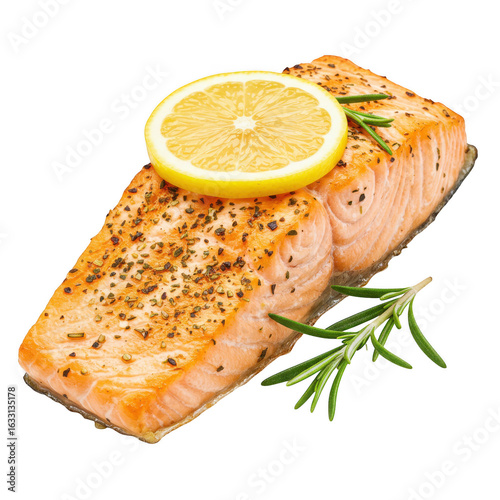 Salmon fillet with lemon and rosemary, garnished with herbs, isolated on transparent background