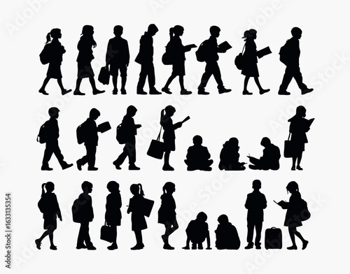 Walking Children Silhouette Vector Template Holding Books and Carrying School Bags
