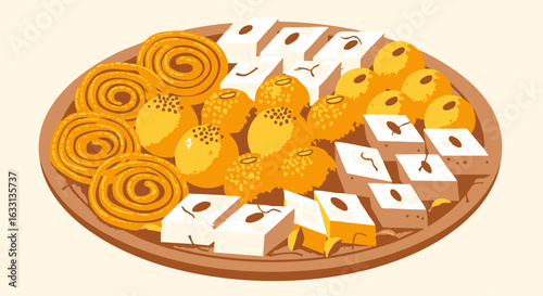 Colorful Platter of Traditional Indian Sweets: Jalebi, Ladoo, and Barfi Vector Art
