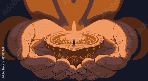 Illustrated cupped hands holding a decorative, unlit traditional Diya oil lamp with floral patterns.