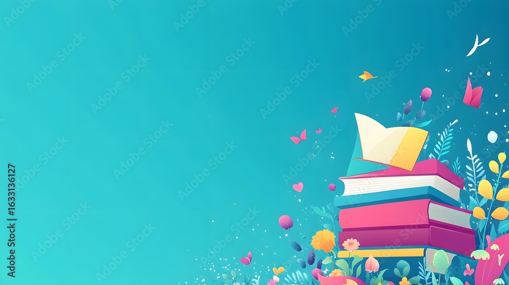 Fototapeta premium Colorful book stack surrounded by flowers and butterflies.