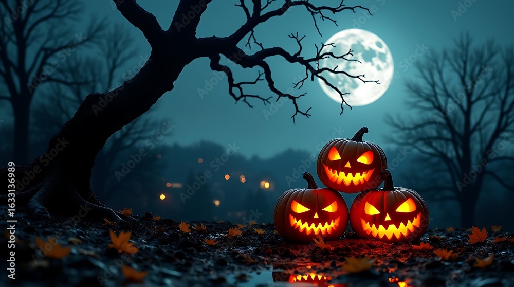 Fototapeta premium Three carved halloween pumpkins glowing at night under a full moon
