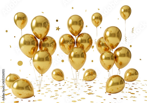 Collection of shiny gold balloons and confetti isolated on transparent background