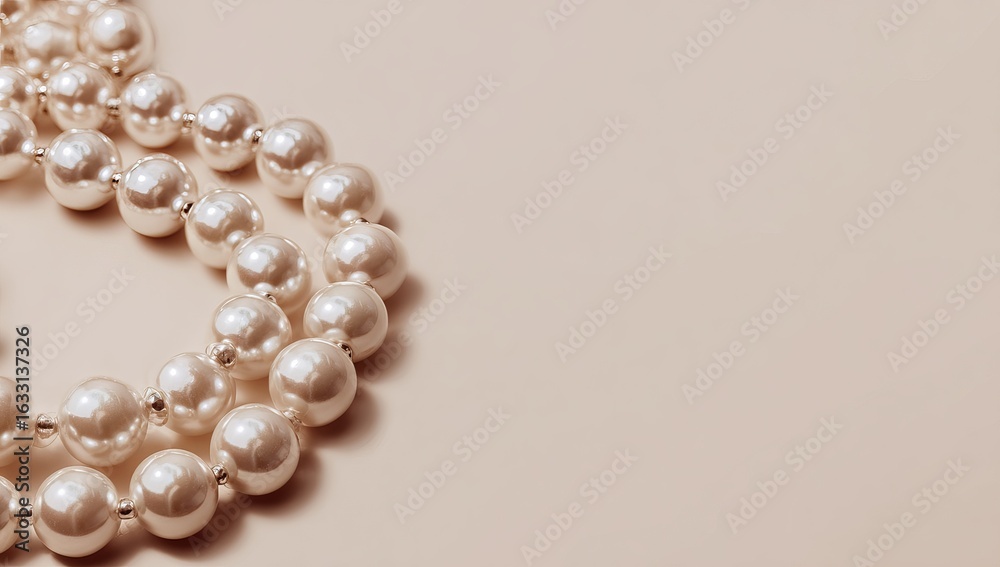 Fototapeta premium Two pearl necklaces on a pale beige surface