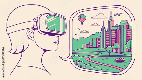 Woman using vr headset exploring virtual reality city landscape simulation technology experience design