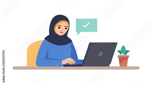Muslim woman working on laptop computer vector illustration for remote work and online education concept