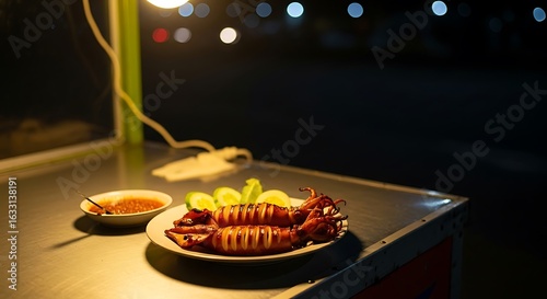 Grilled Spicy Squid Street Food at Night – Cumi Bakar Khas Pasar Malam