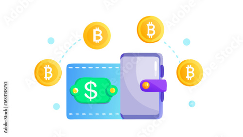 Cryptocurrency wallet bitcoin transaction dollar transfer digital money finance blockchain payment vector art