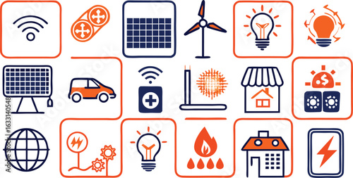 Icons Representing Renewable Energy and Smart Home Technology in Orange and Blue electricity power