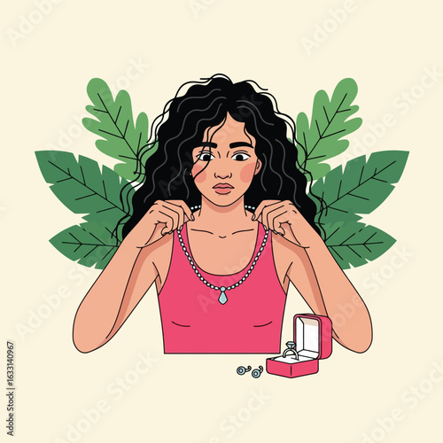 Woman Holding Necklace with a Ring Nearby in a Pink Box