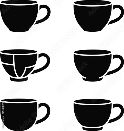 Six Black Coffee Cup Icons with Different Designs on White Background tea cup drink
