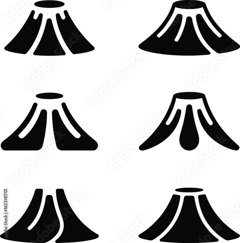 Six Black Silhouette Volcano Icons On White Background mountain geology