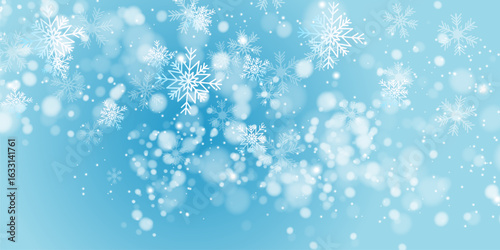 Random falling snow flakes wallpaper. Snowfall dust freeze granules. Snowfall sky white teal blue background. Many snowflakes vector. Snow nature scenery.