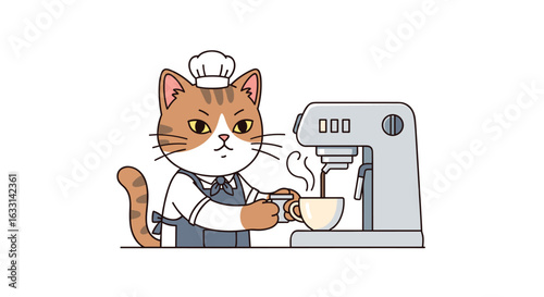 Chef Cat Making Coffee: Adorable Cartoon Illustration of a Feline Barista Brewing Espresso