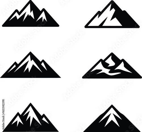 Six Stylized Mountain Peak Icons in Black and White mountains summit