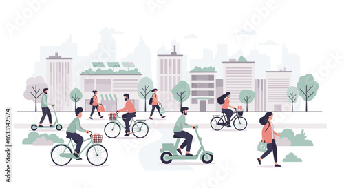 Urban Commuting: People biking, scootering, and walking in a modern city environment illustration