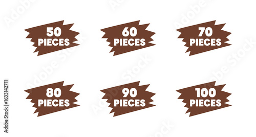 Brown jagged starburst labels with white text displaying different quantities: 50, 60, 70, 80, 90, and 100 pieces on white background
