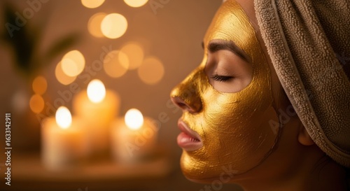 Woman with gold face mask and candles isolated on white background